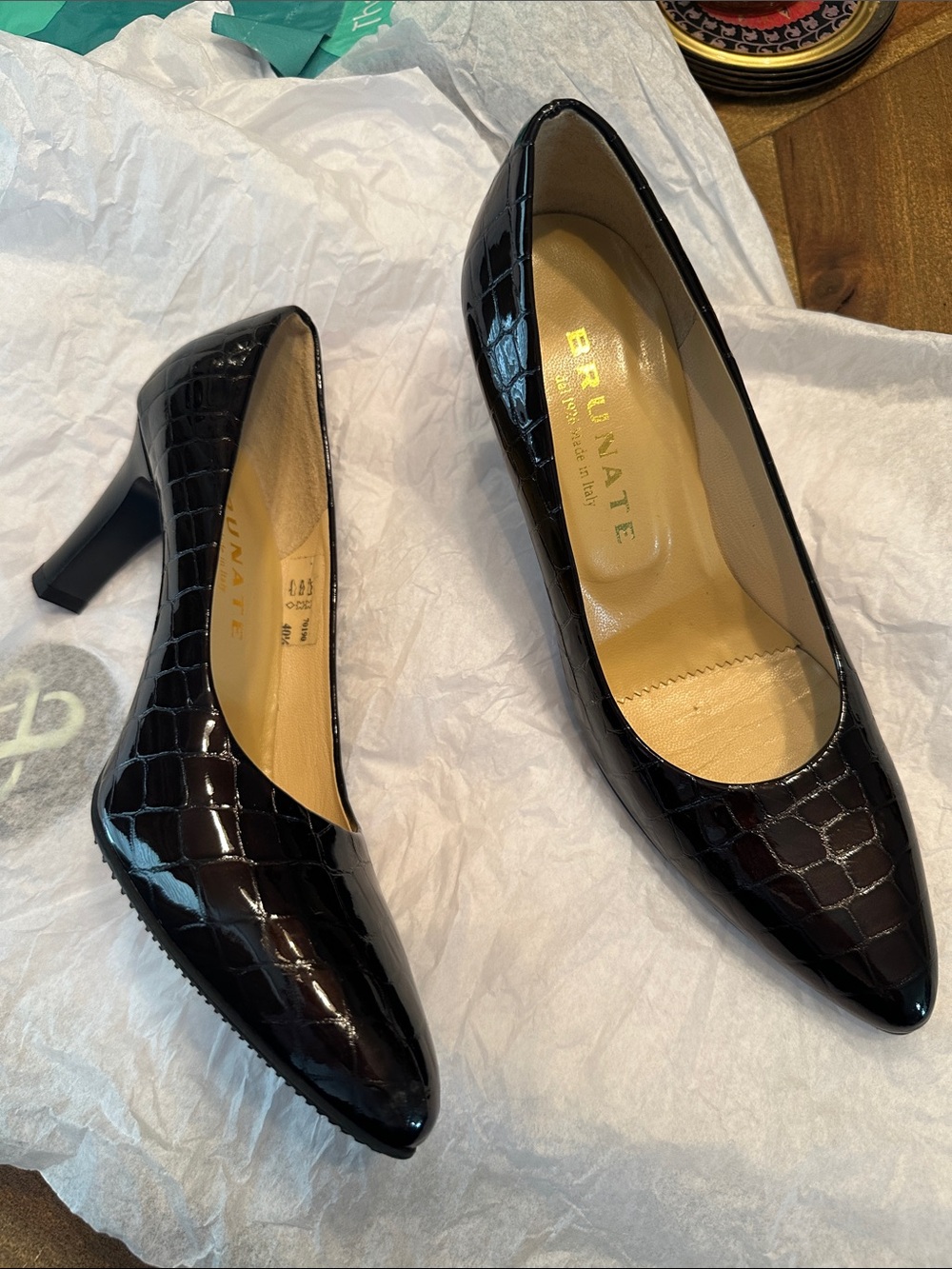 Brunate brown Croc Patent Pointed Toe Heels